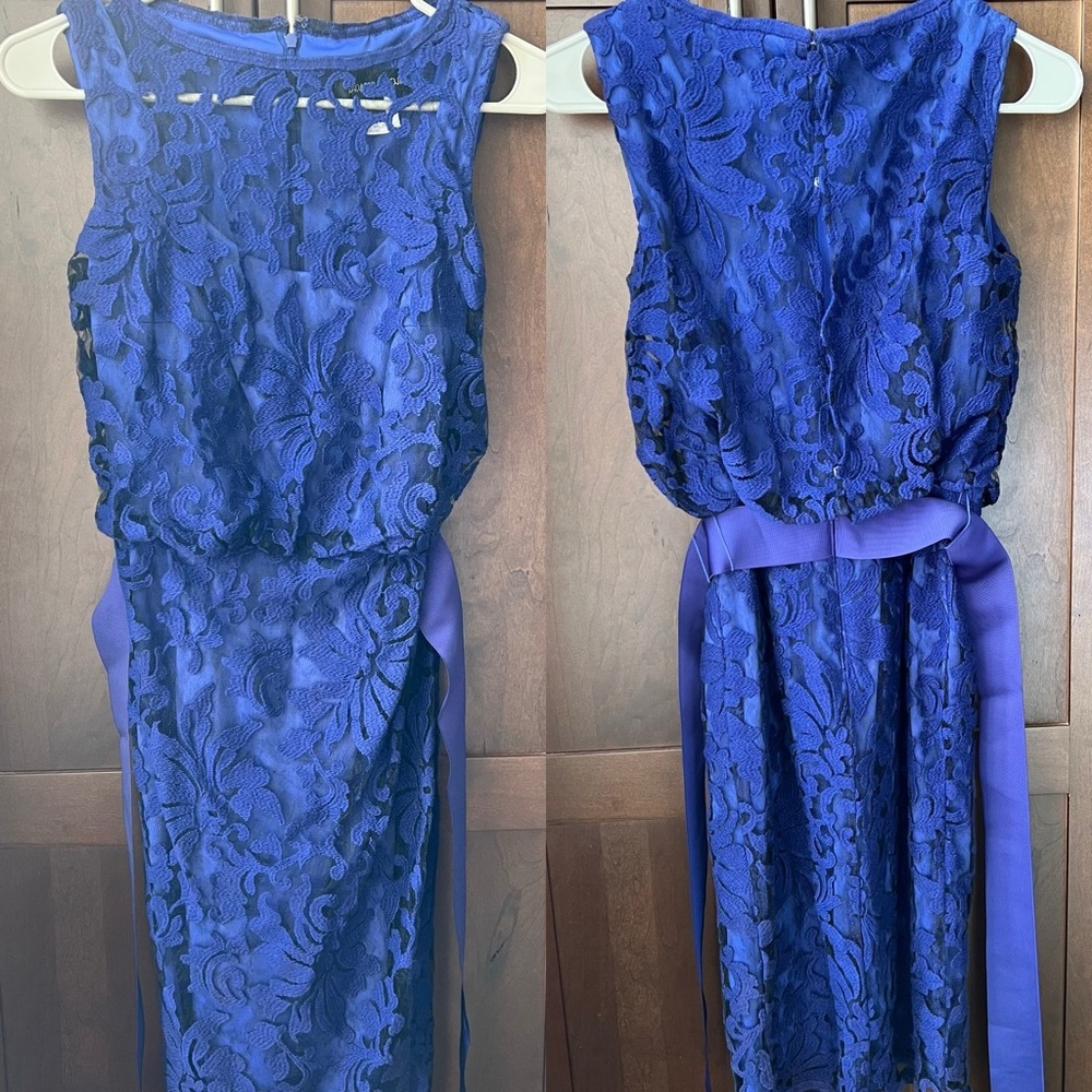 Tadashi Shoji Royal Blue Lace Grosgrain Ribbon Waist Knee Length Dress Size 2
